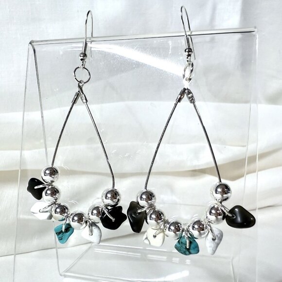 Sterling Silver Turquoise Quartz Agate Beaded Dangle Earrings - Picture 1 of 6